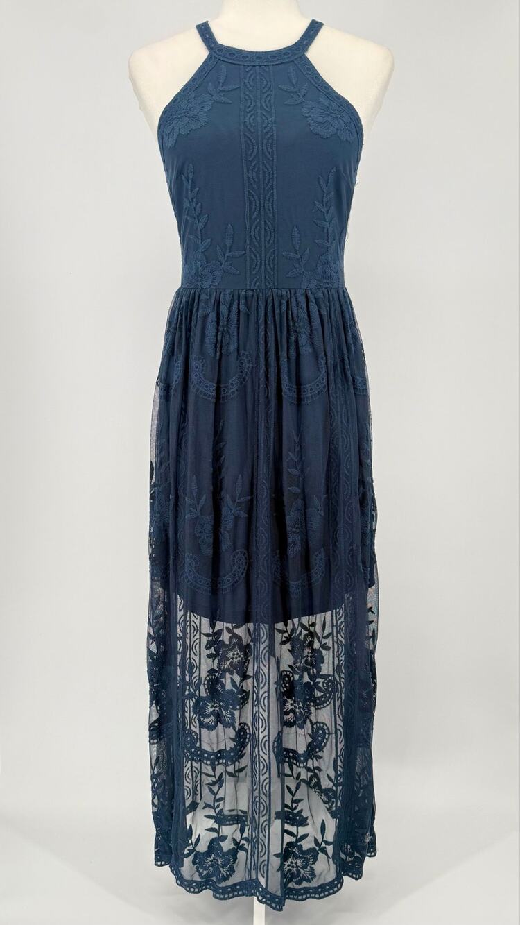 Altard State Blue Embroidered Mesh Lace Maxi Dress Size S Boho Formal